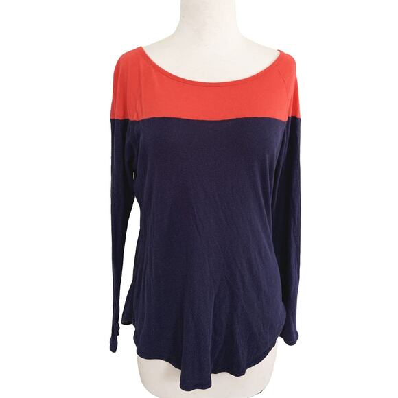 Athleta Colorblock Jersey Top Blue Cotton Blend Long Sleeve Round Neck Sz S - Picture 1 of 5